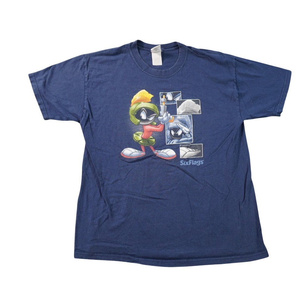 Six Flags Marvin the Martian T Shirt Mens Large Navy Blue Looney Tunes Graphic